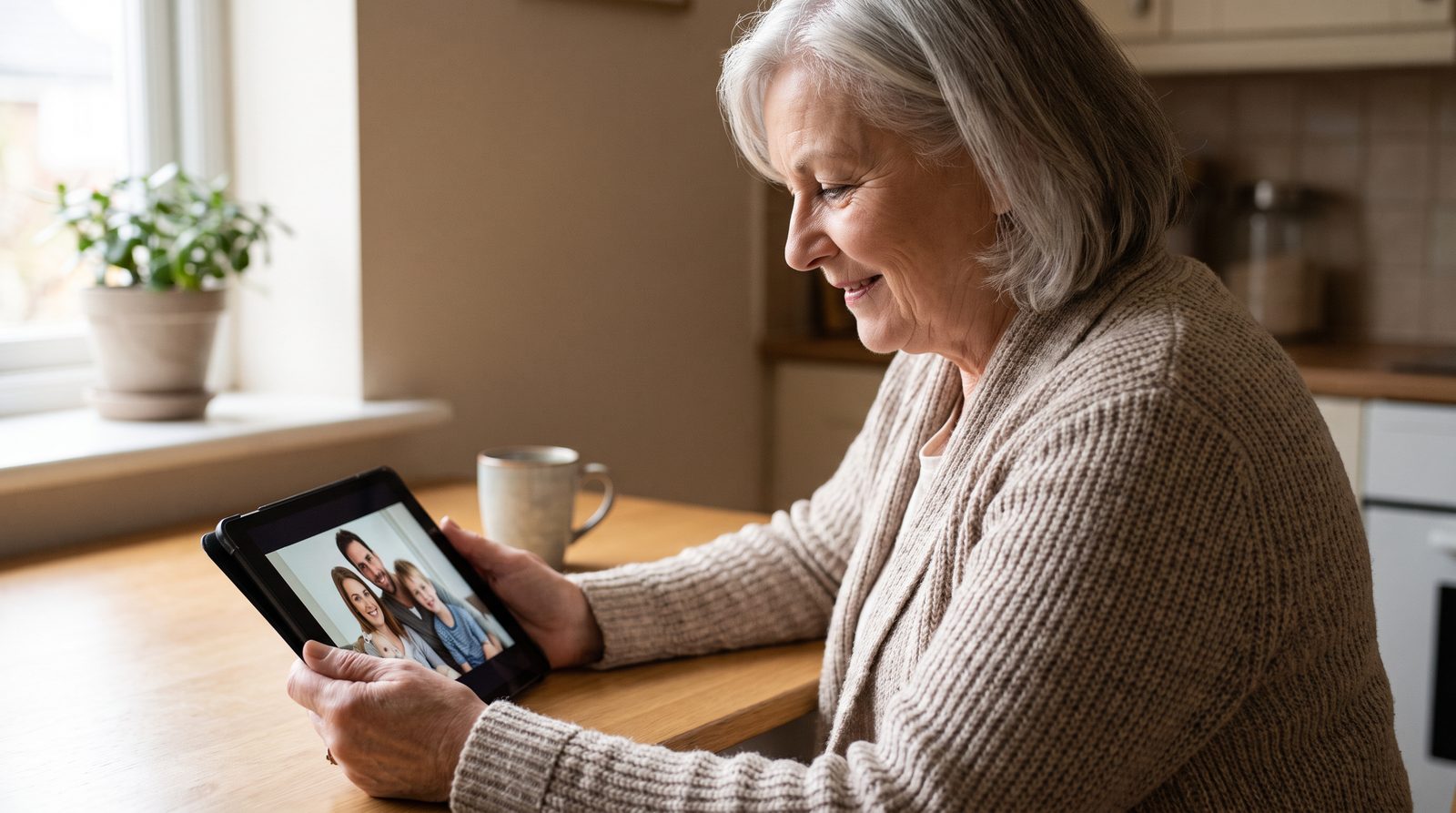 A woman in her seventies at her kitchen table, smiling at a tablet showing a photograph of her family.
